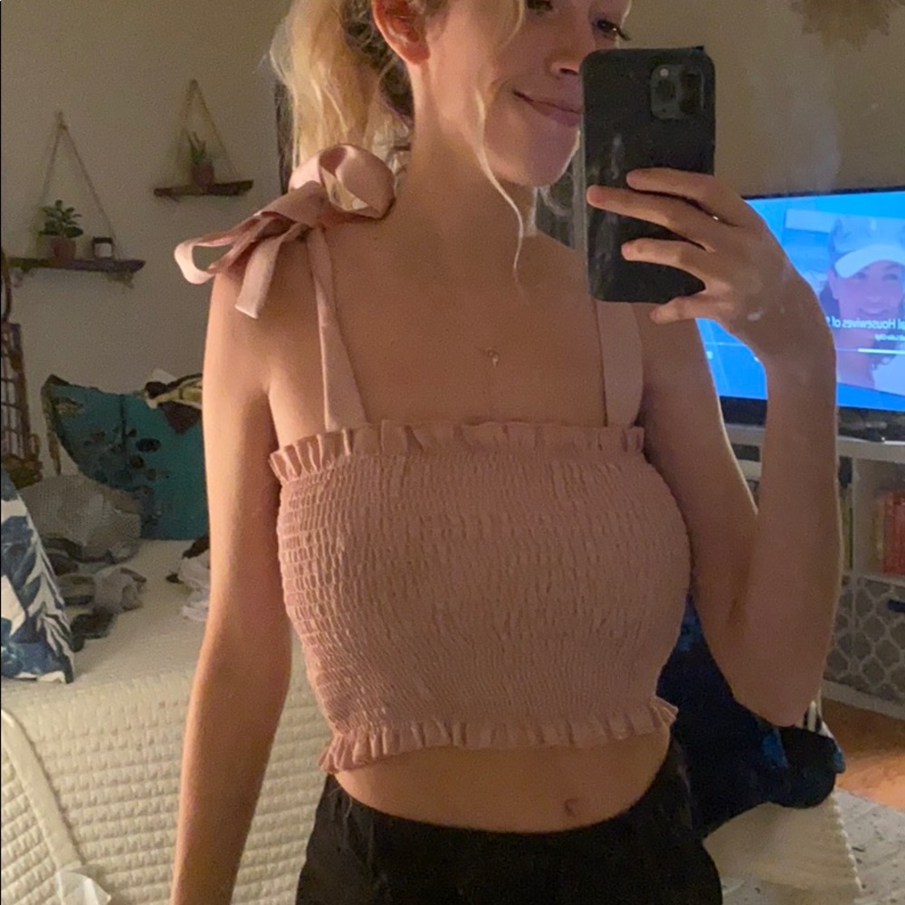 Baby pink ruffled tie strap crop top